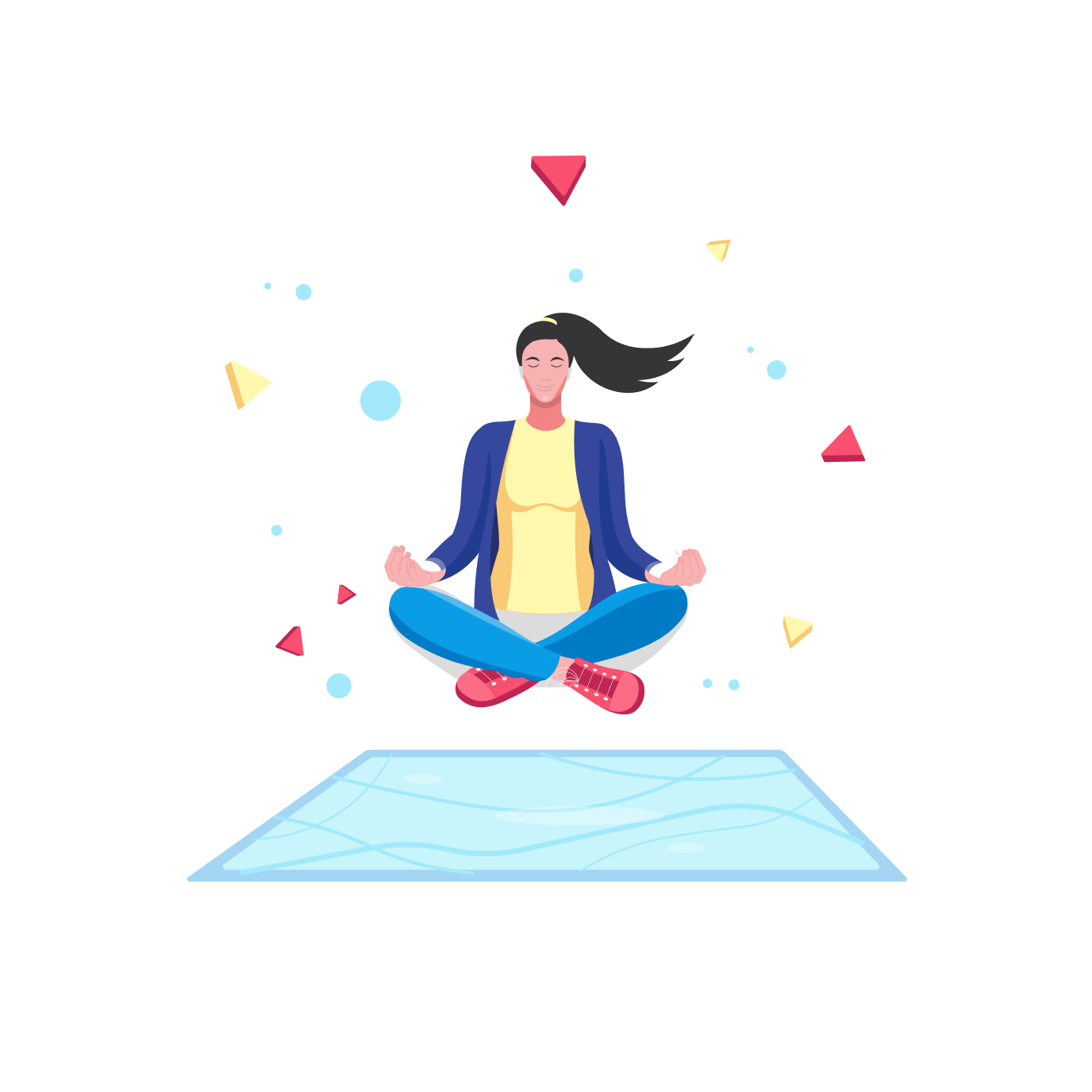 Woman meditating with triangles and circles around her